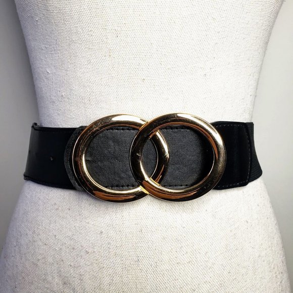 Overlapping Gold Tone Buckle Wide Elastic Belt - Picture 2 of 8